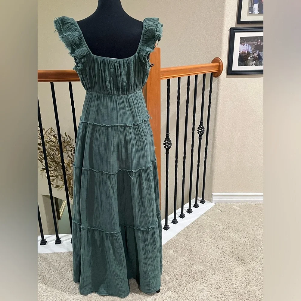 FREE THE ROSES Ruffled Sleeve Gauze Maxi PEASANT Dress - Sage Green SIZE S - Picture 5 of 8
